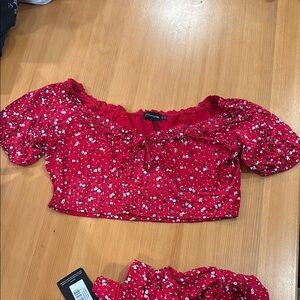 PrettyLittleThing Red Floral Crop Top and flared matching bottoms
